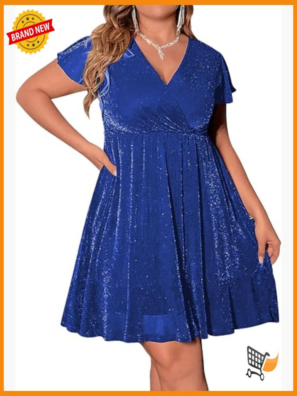 Plus Size Glitter Wrap V Neck Short Sleeve Party A Line Dress